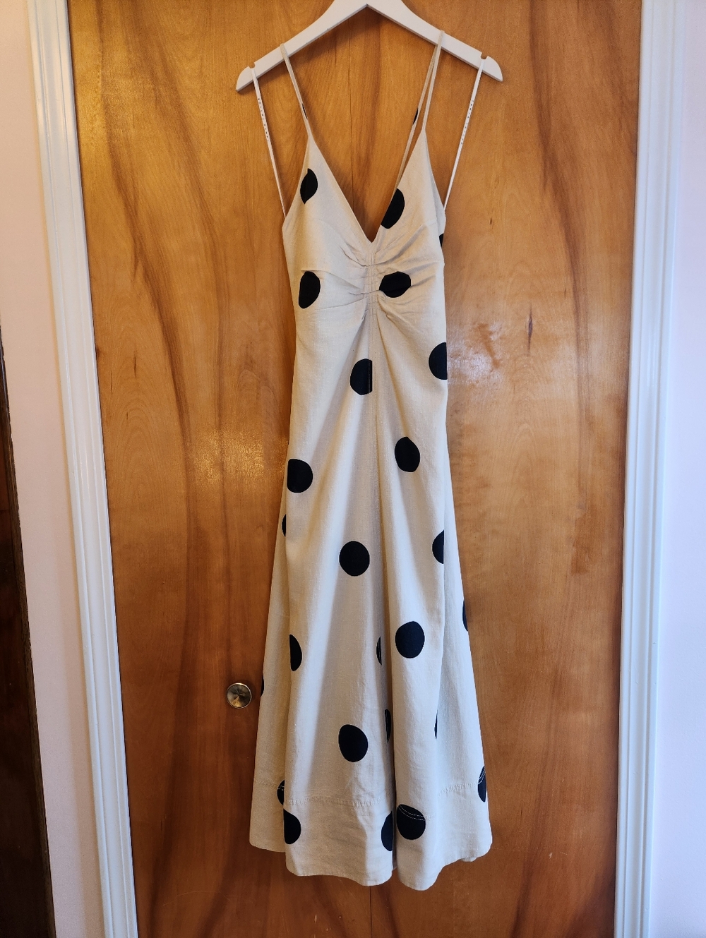 Tanya Taylor Women's Midi Meredith Dress, Tan/Black Polka Dot Linen Size 10 $565 - Picture 5 of 14